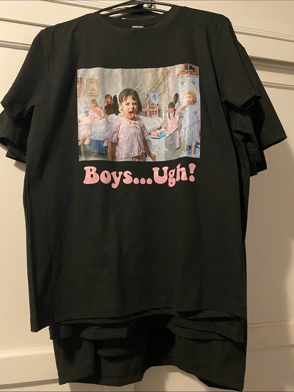 Black Graphic Short-Sleeve Tee with Pink 'Boys...Ugh!' Text
